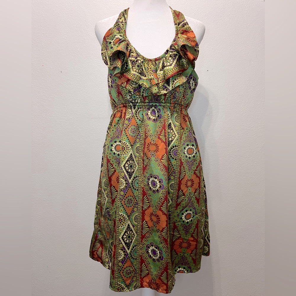 Judith March Size Large Silky Floral Geometric Pattern Halter Tie Backless Dress